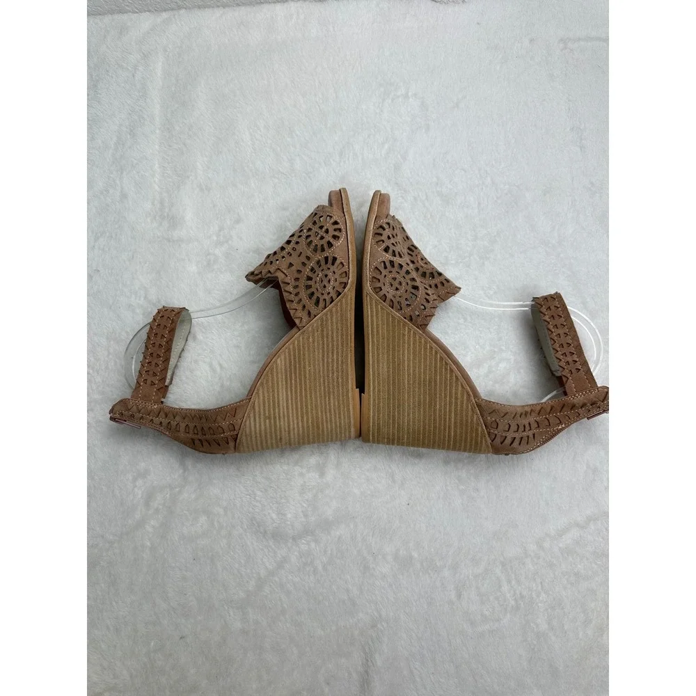 Jeffrey Campbell Tan Suede Laser Cut‎ Wedge Sandals Ankle Strap Brown Size 9.5